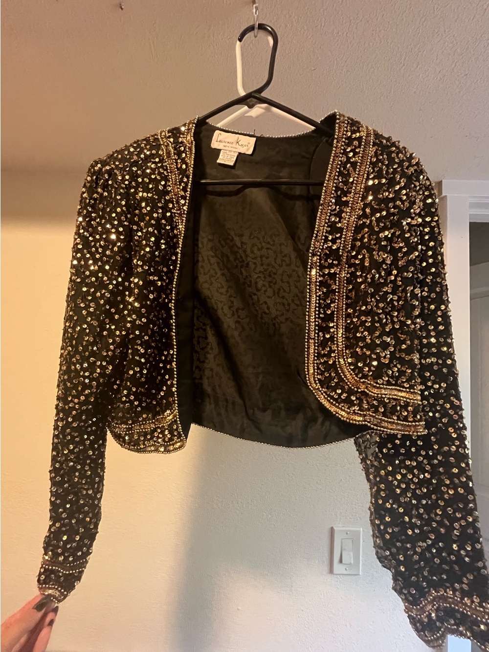Laurence Kazar Black Beaded Open-Front Cropped Jacket with Gold Trim